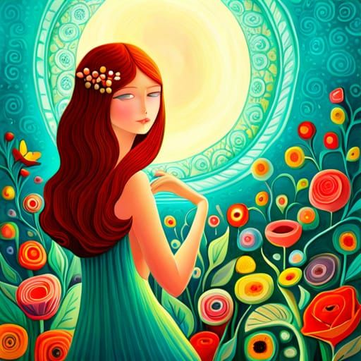 Fairytale Girl with Birds in Magic Realism