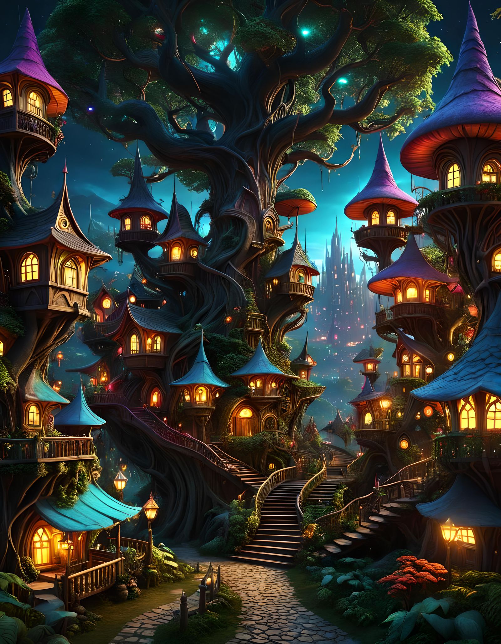 Enchanted Goblincore Tree Village at Night