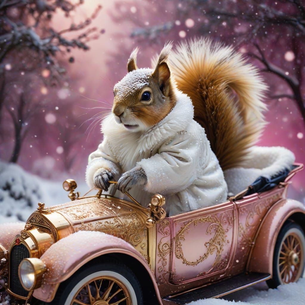 Whimsical Winter Wonderland with Squirrel in Vintage Car