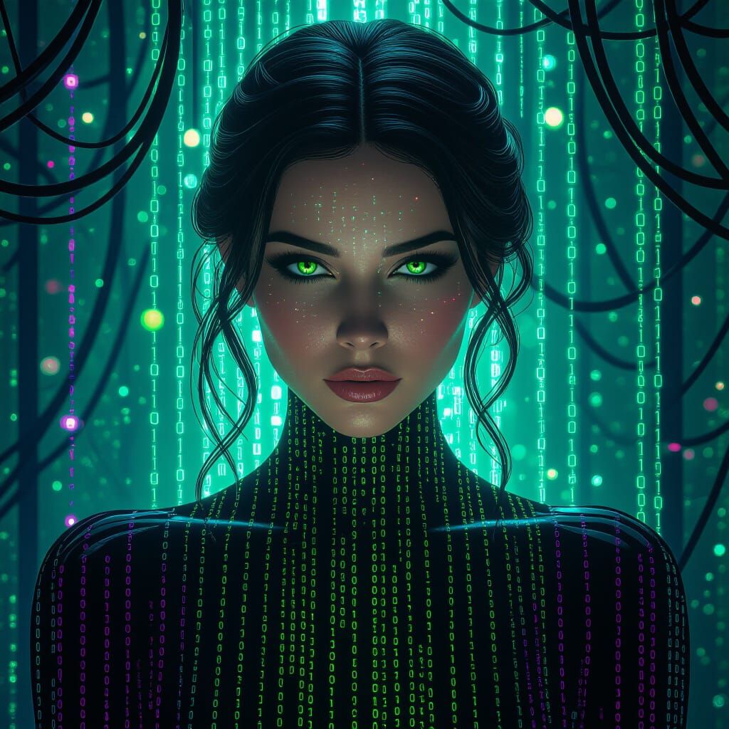 Digital Silk Woman in Cyberpunk Labyrinth