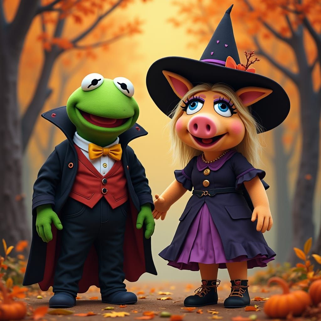 Kermit & Ms. Piggy Halloween Costumes in Spooky Forest