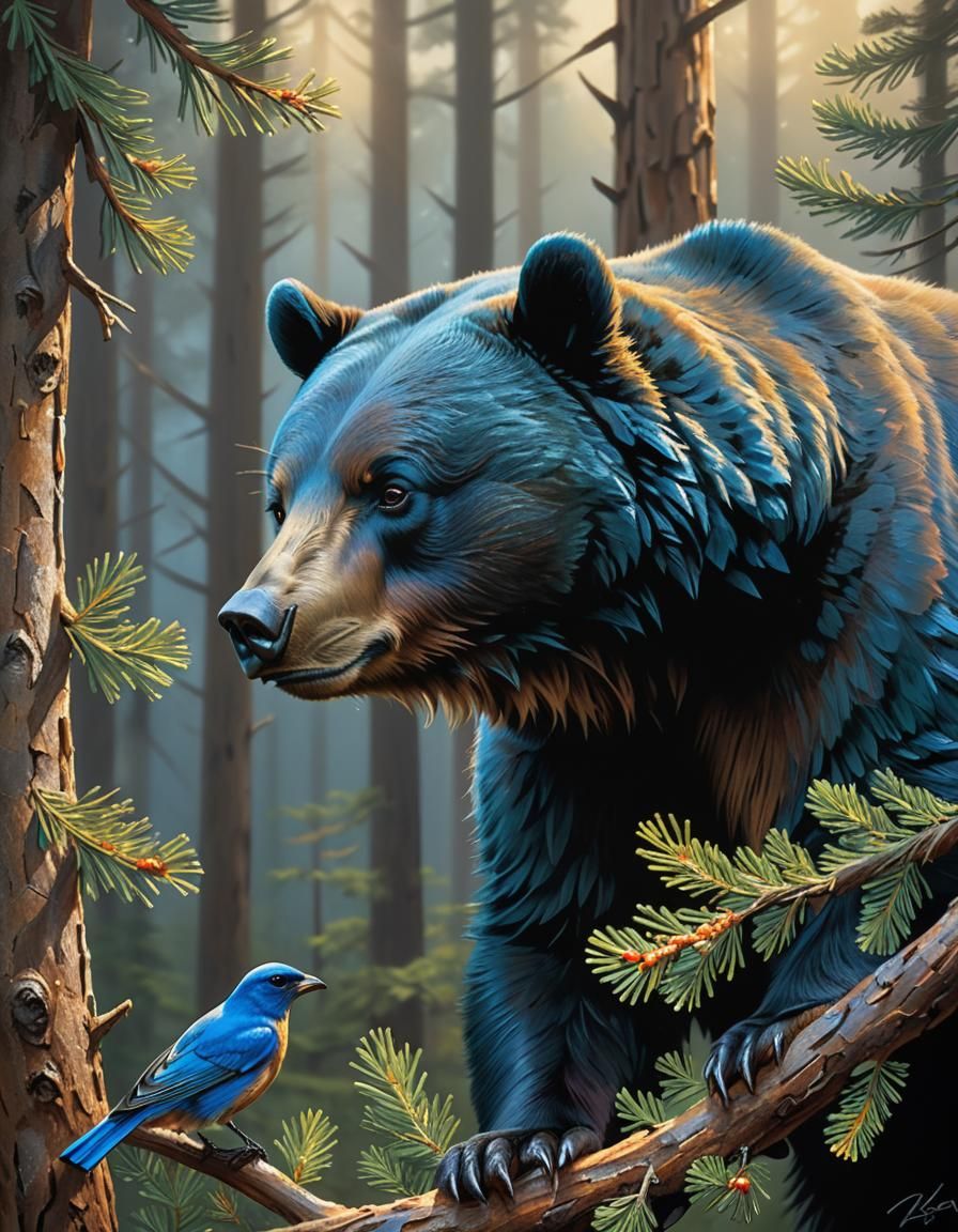 Black Bear and Bluebird in Hyperrealistic Forest