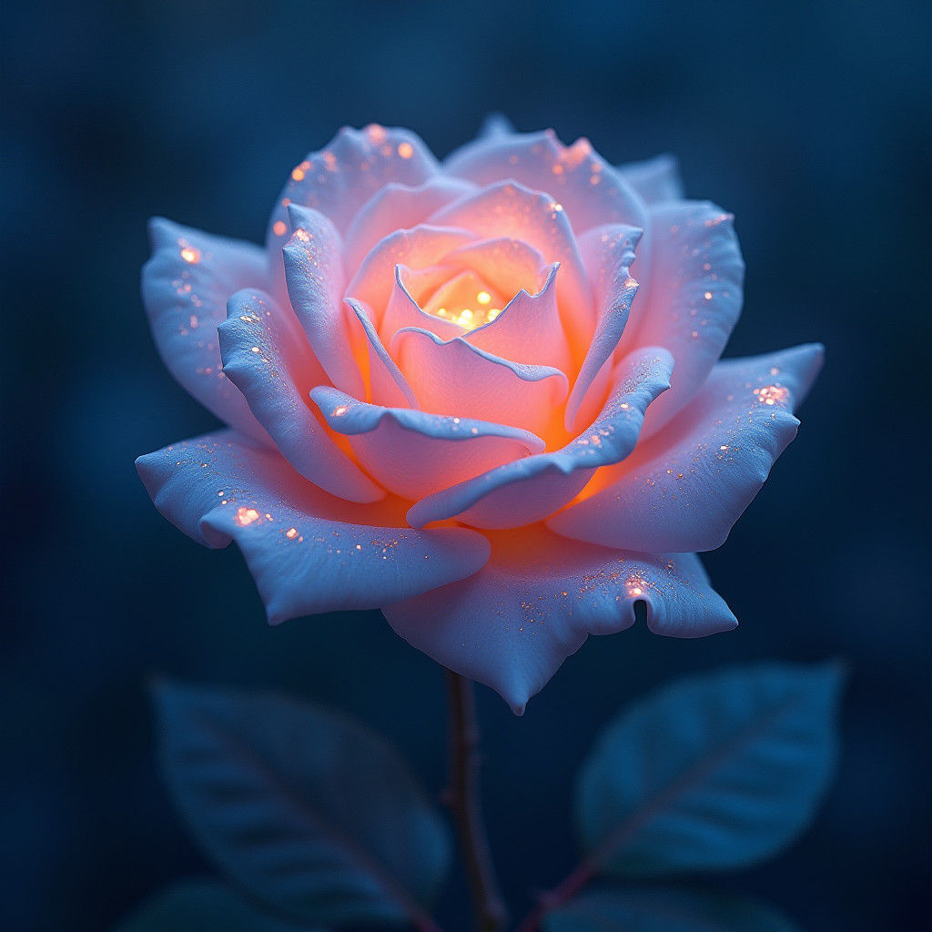 Iridescent Rose Radiating Light in Dreamy Night Sky
