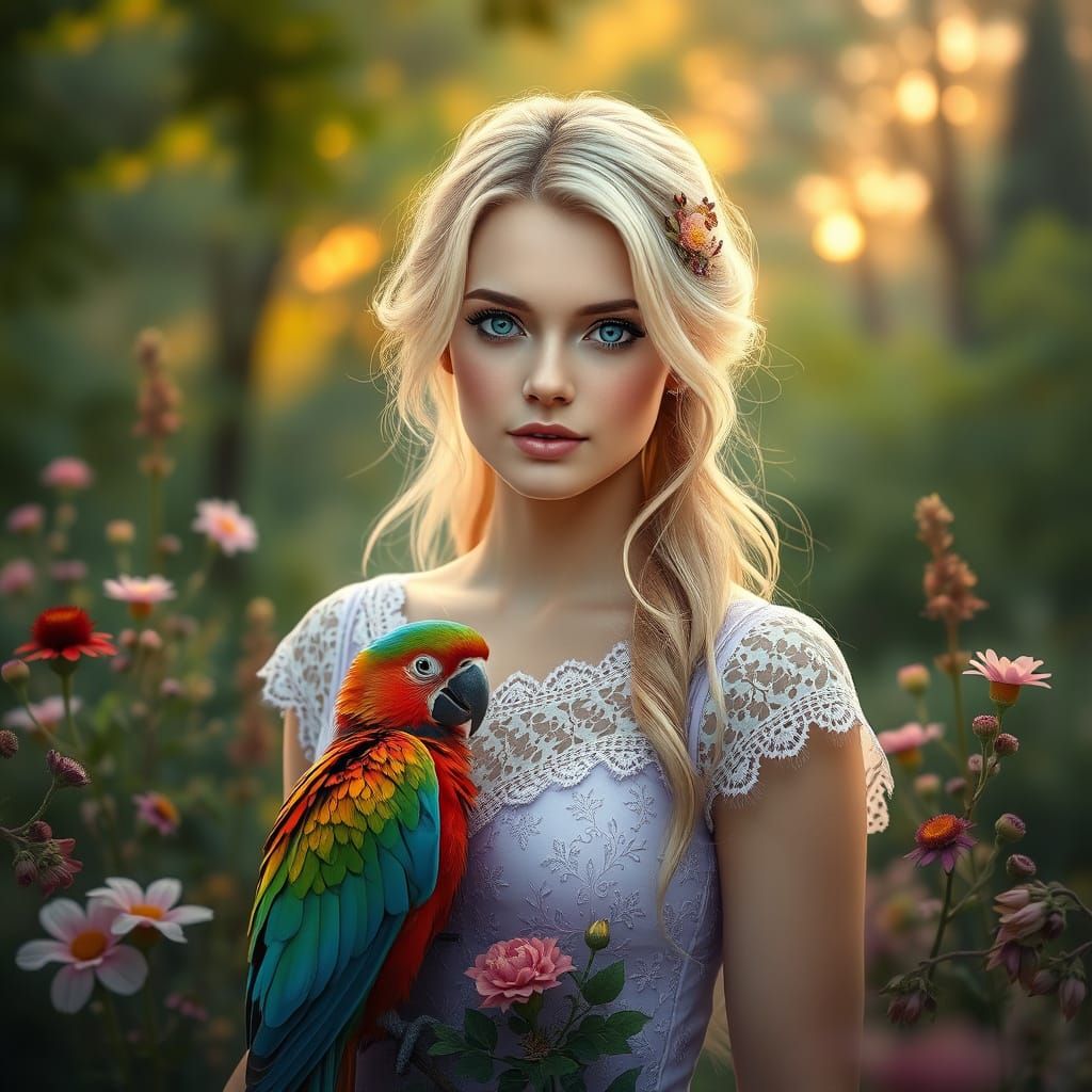 Lady in Garden with Parrot, Painterly Style