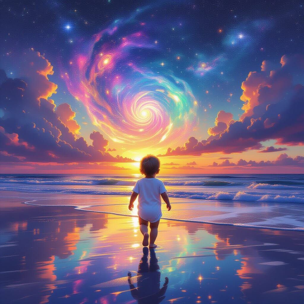 Baby on Beach Under Cosmic Sunset, Visionary Art Style