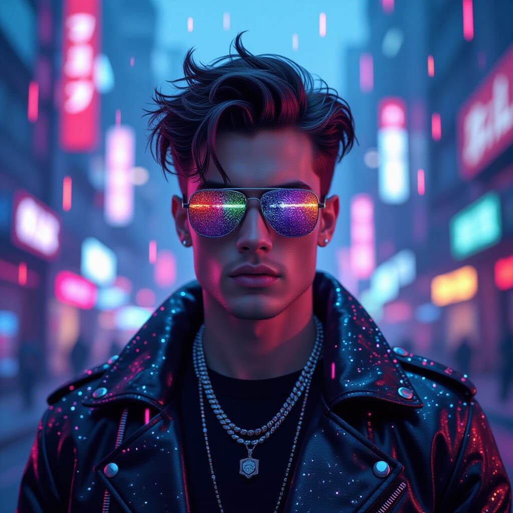 Guy in Neon Glitter Cityscape