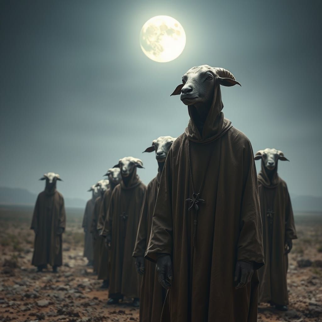 Ethereal Followers in Desolate Landscape