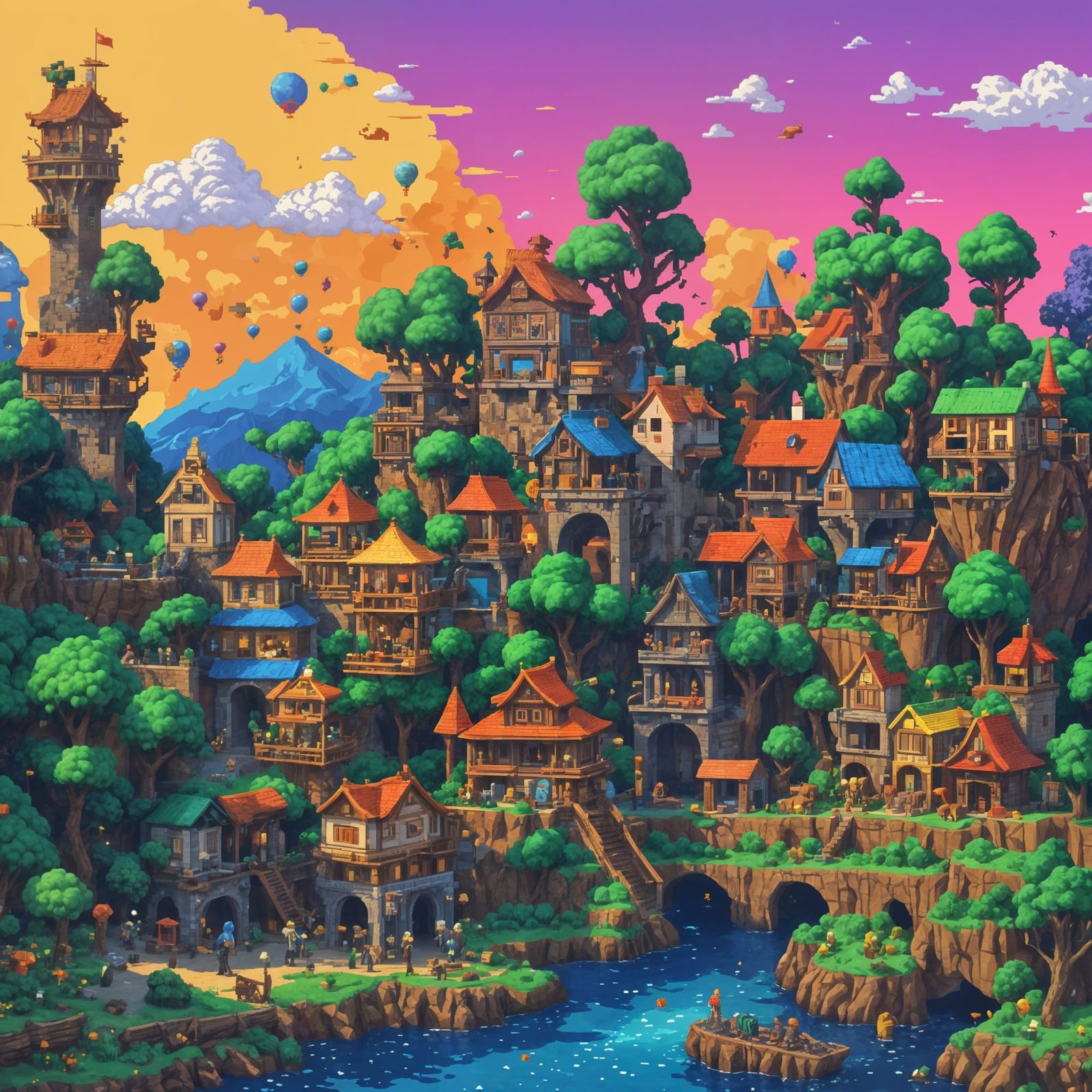 Hyperdetailed Pixel Art Mountain Village