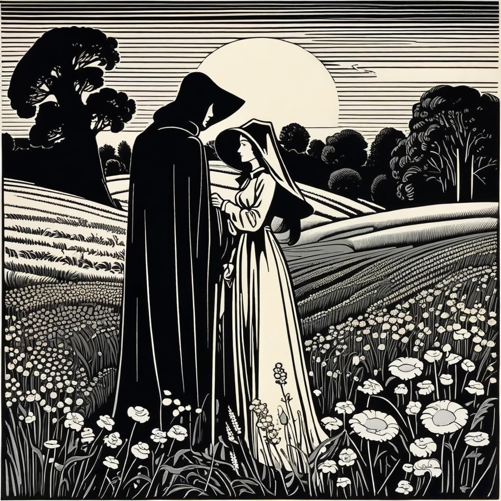 Georges Prosper Remi, Herge style. ligne claire drawing style. Grim Reaper and a beautiful young woman standing in a fie...