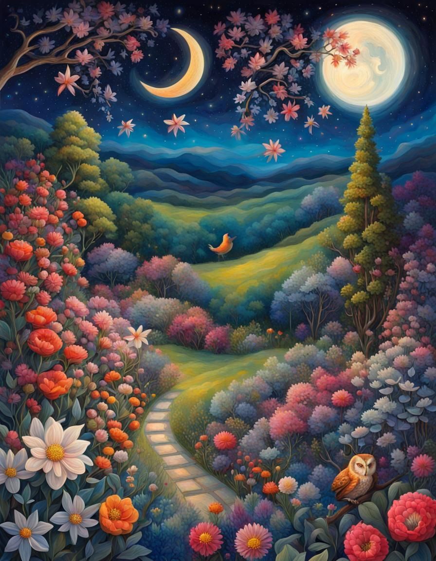 Night Garden With Owl Under Crescent Moon