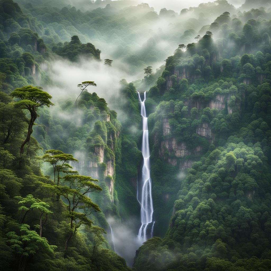 Mist-Shrouded Rainforest Valley with Waterfalls