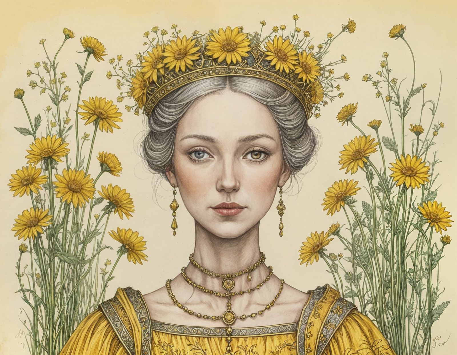 Medieval Queen Surrounded by Golden Dandelions in Whimsical ...