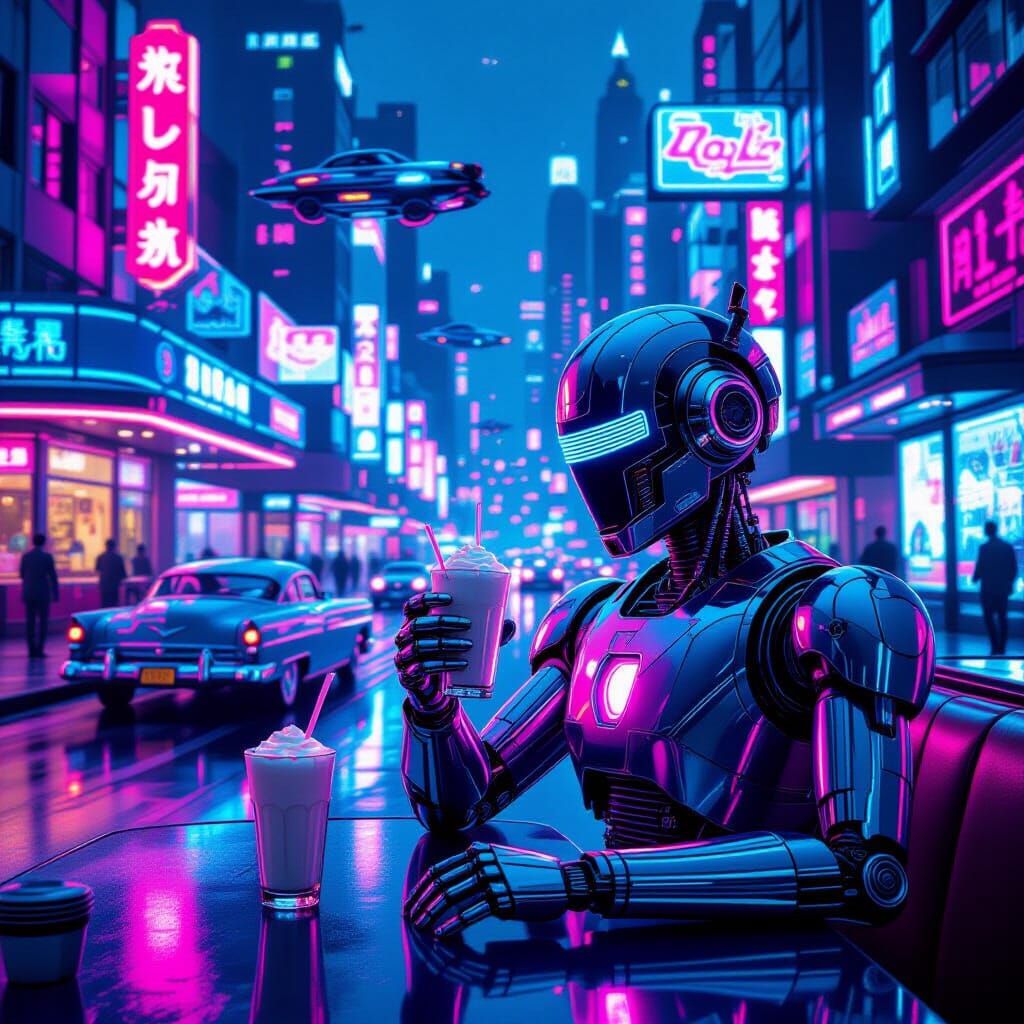 Cyberpunk 50s Cityscape with Retro Robot