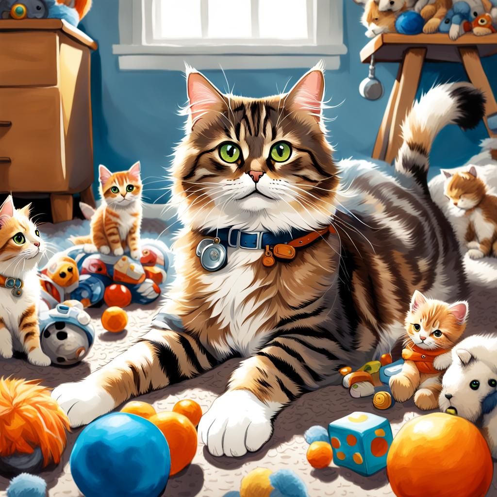 Happy Tabby Kitten Surrounded by Toys