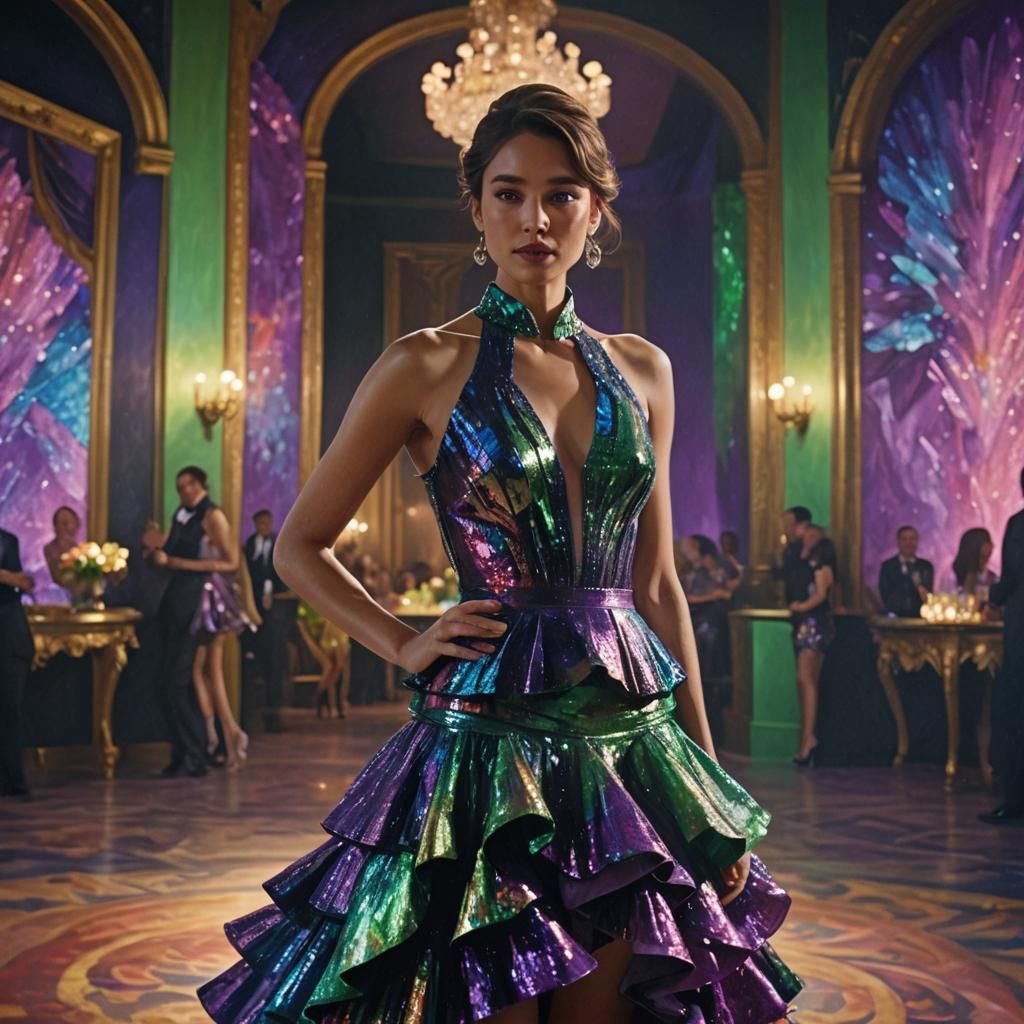 Woman in Halter Dress in Luxurious Ballroom