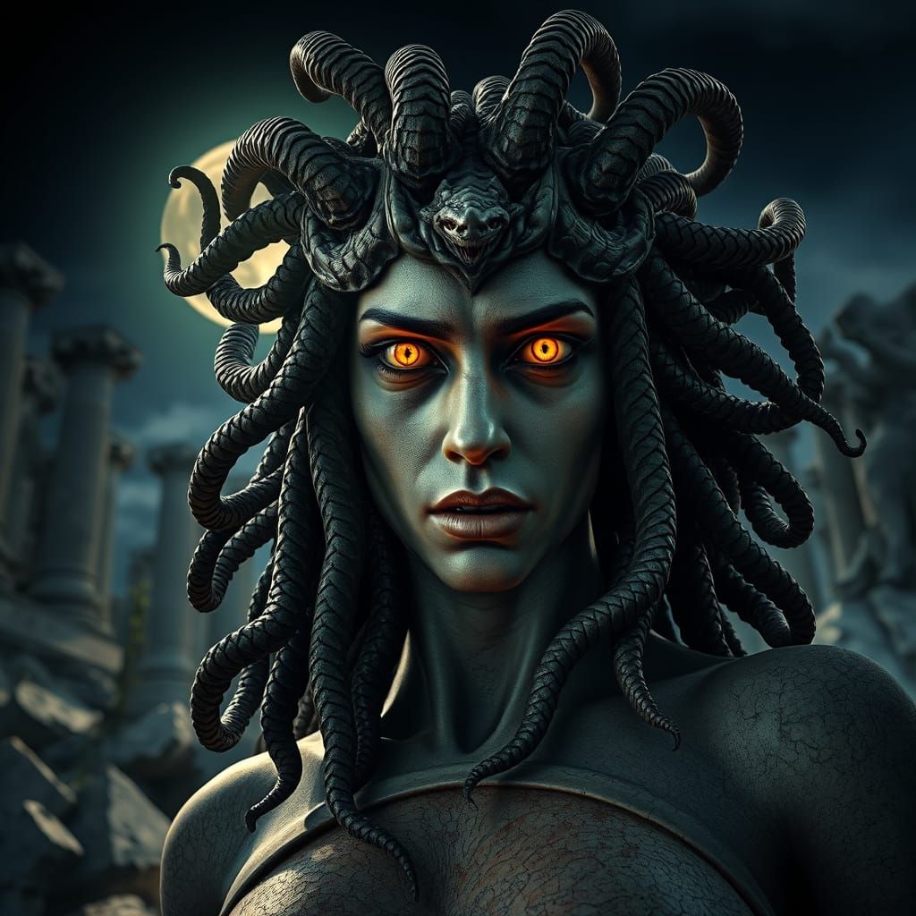 Medusa Portrait with Serpent Hair in Dramatic Moonlight