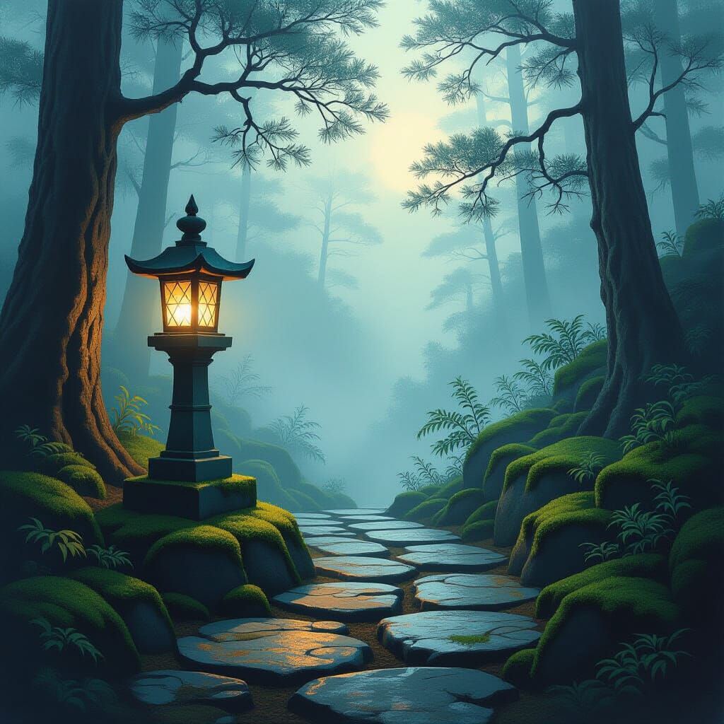 Ancient Lantern Illuminates Misty Forest Path