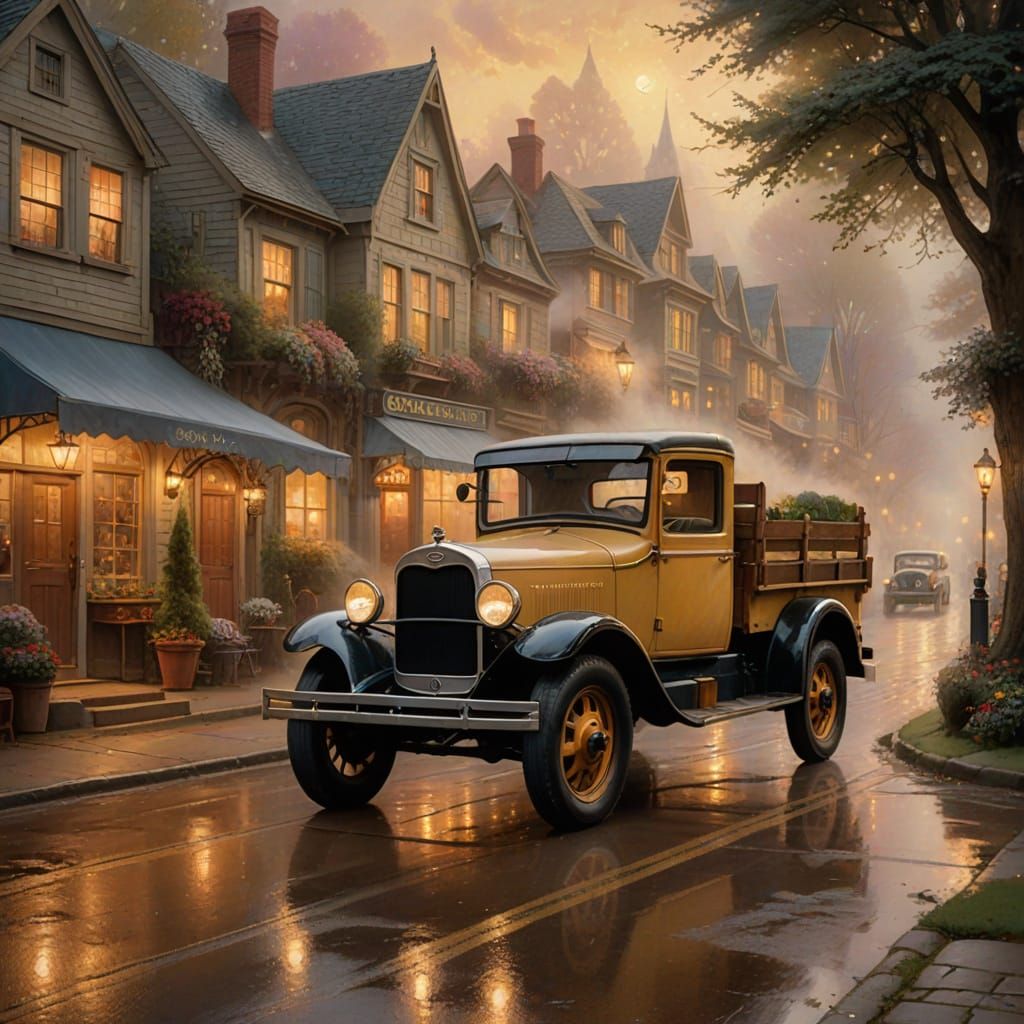 Vintage Truck and Woman in Ethereal Fantasy Village
