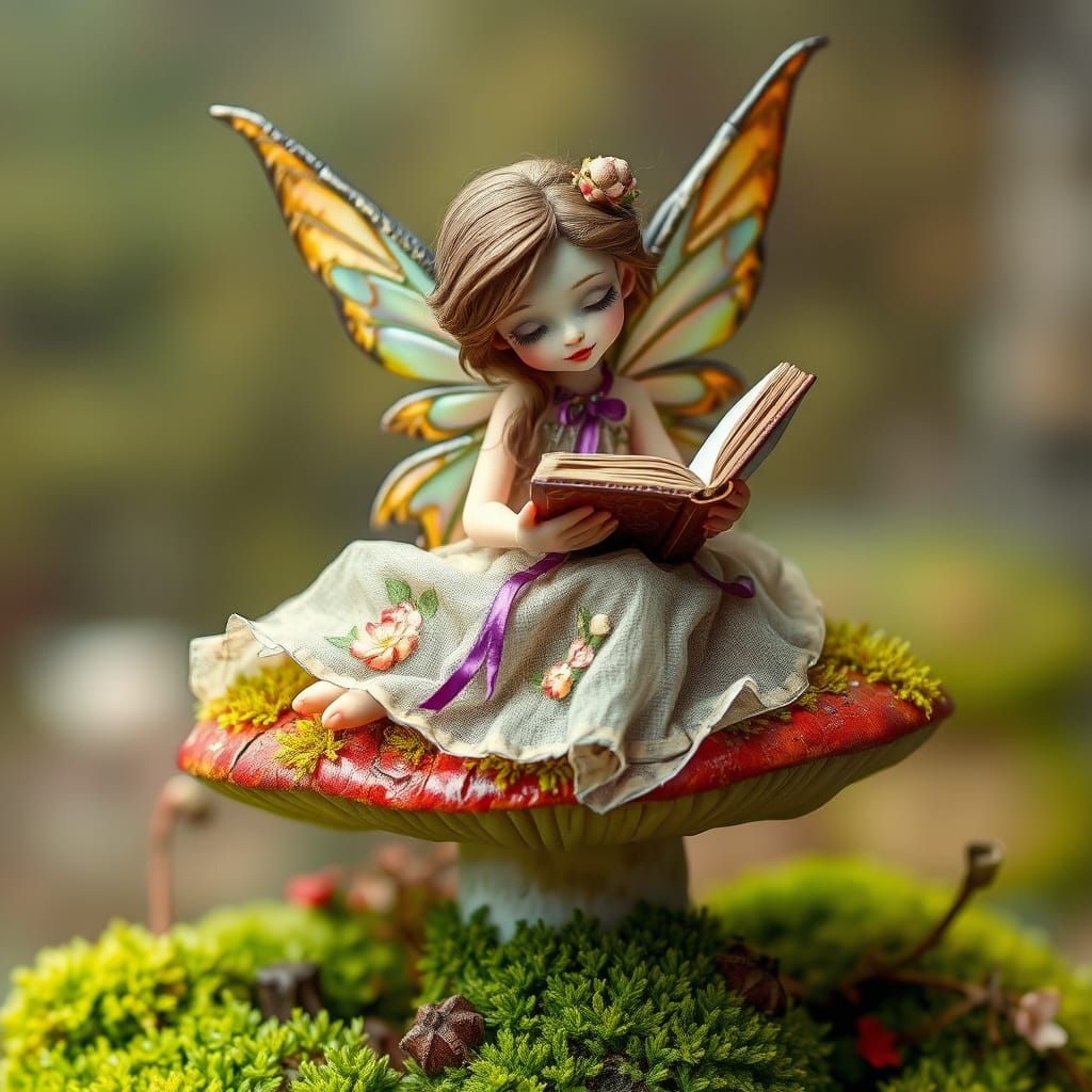 Fairy Reading Book on Toadstool in Ethereal Style