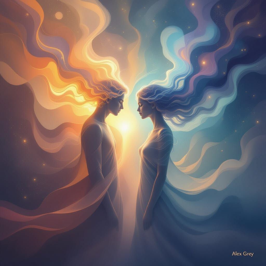 Surreal Figures Merge into Luminous Aura