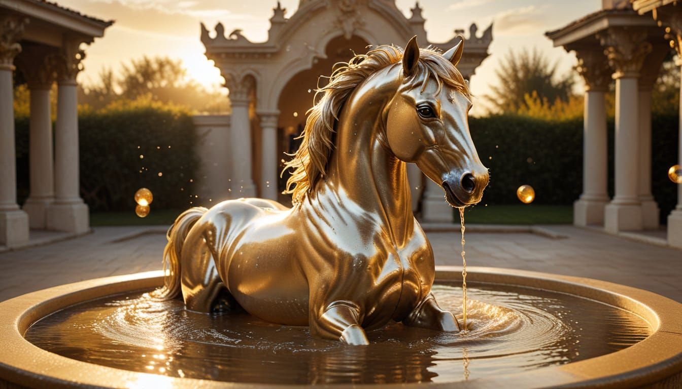 Golden Horse Fountain in Surreal Style