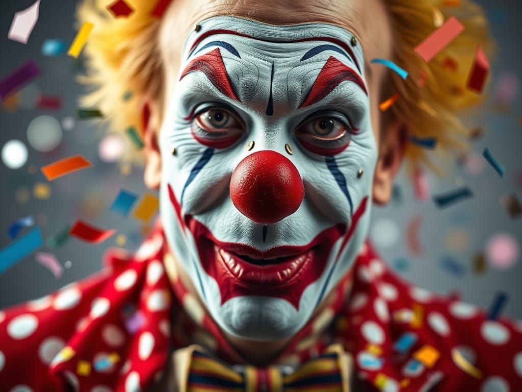 Vibrant Circus Clown Portrait with Exploding Confetti