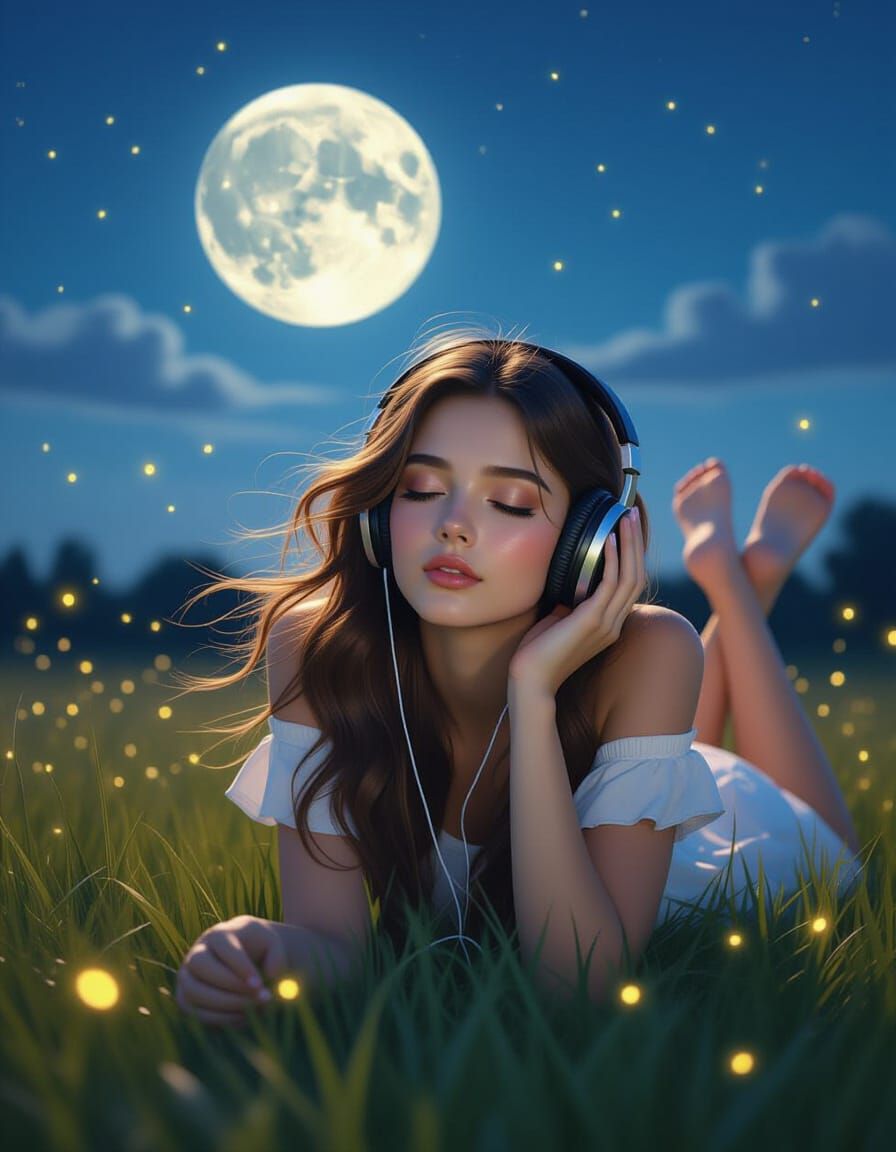 Girl with Headphones Under Moon in Lo-fi Style
