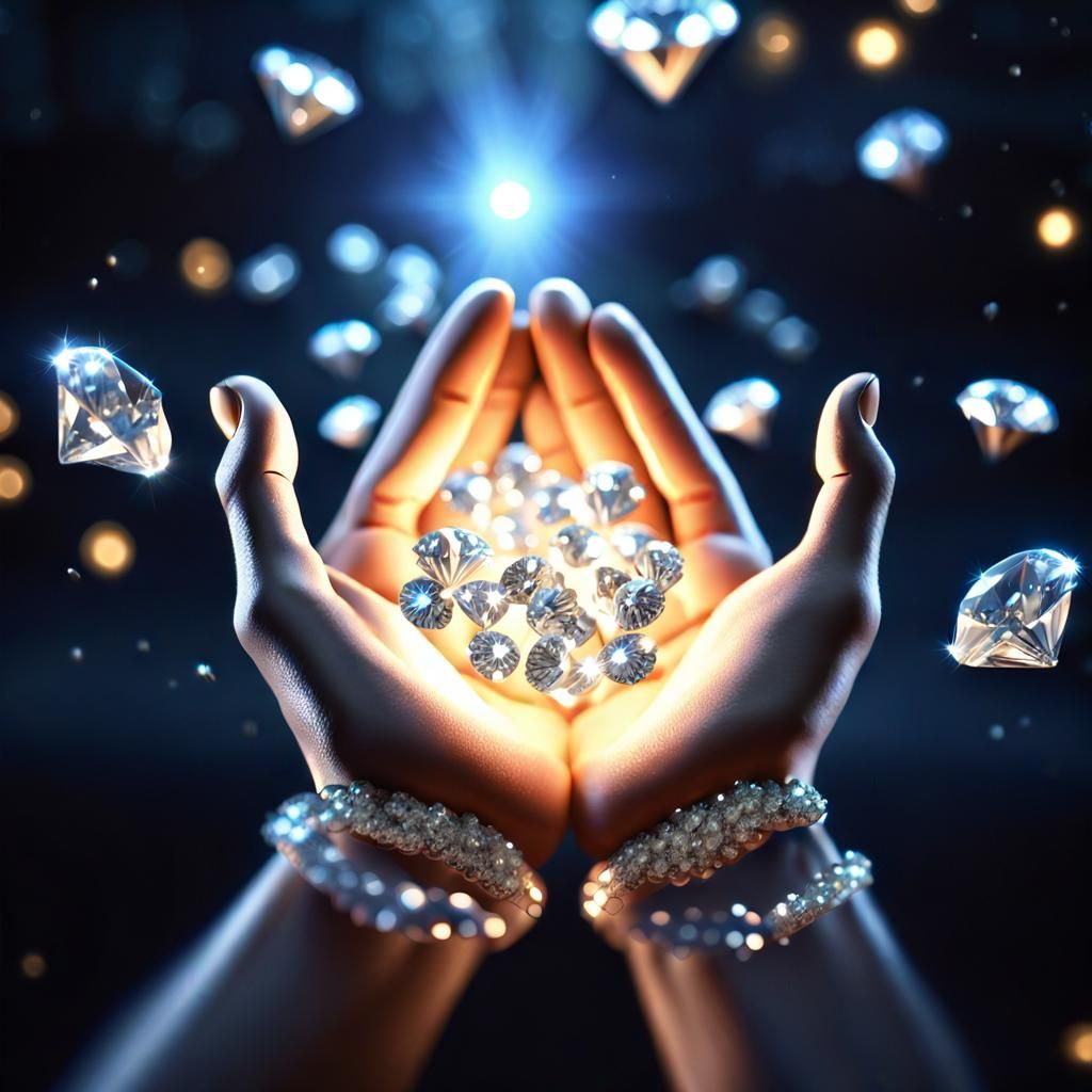 Glowing Diamonds in Open Hands: 3D Fantasy Art