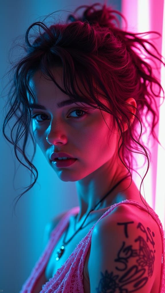 Detailed Cyberpunk Artist Girl with Neon Lighting
