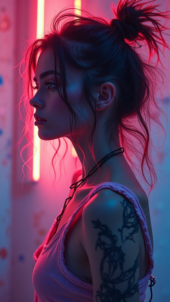 Cyberpunk Artist Girl Portrait with Neon God Rays