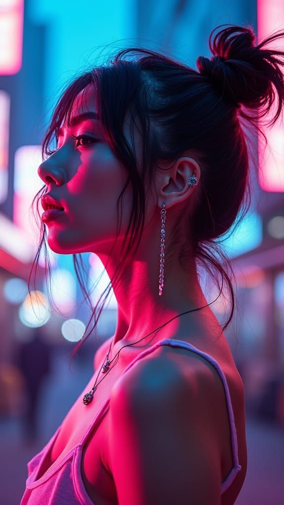 Neon Cyberpunk Artist Girl Portrait in Dreamlike Style