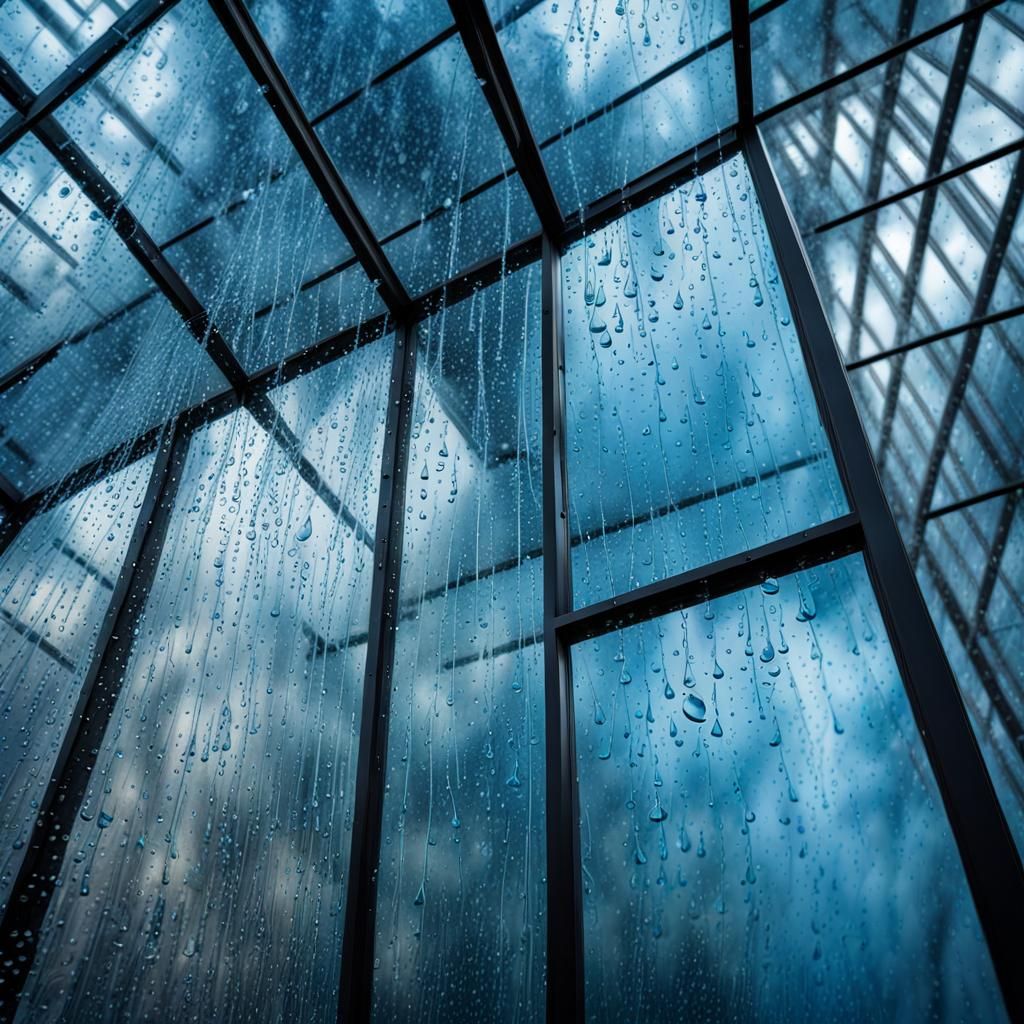 Blue Raindrops in a Glass House: Hyperrealistic Fantasy