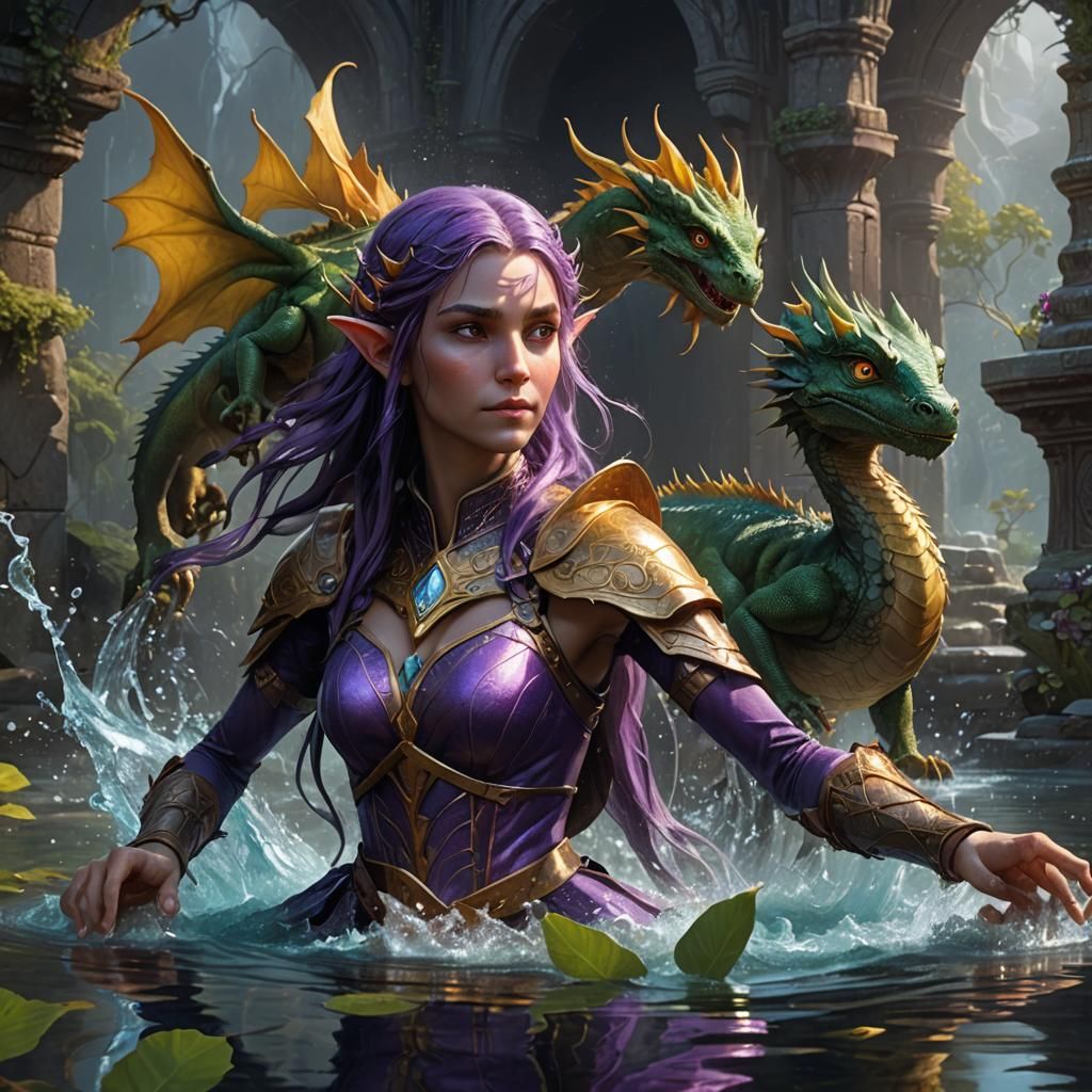 Water Elf with Dragon: Dark Fantasy Art