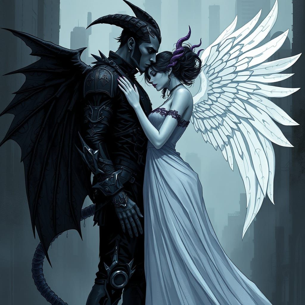Cybergoth Demon Kissing Angel in Cyberpunk Cityscape