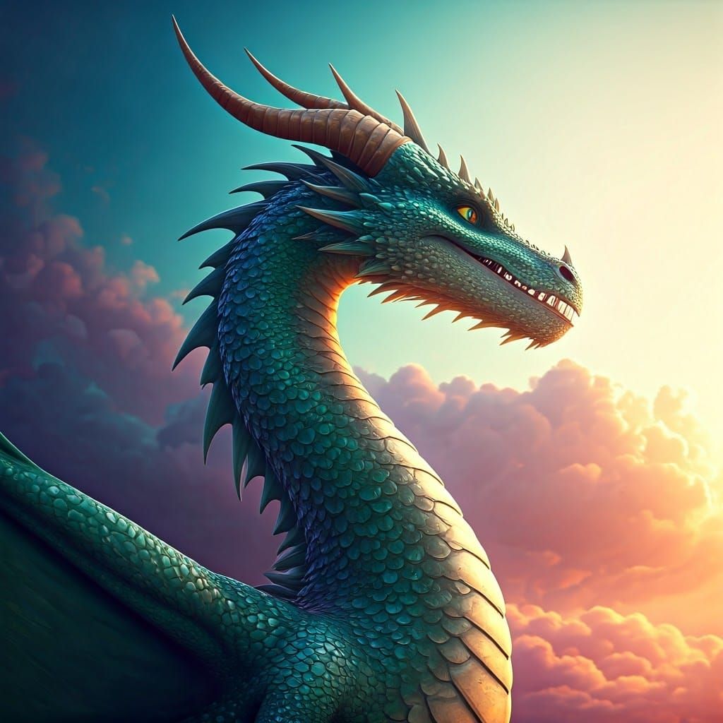 Majestic Mother Dragon Soars Through a Vibrant Skiescape in....