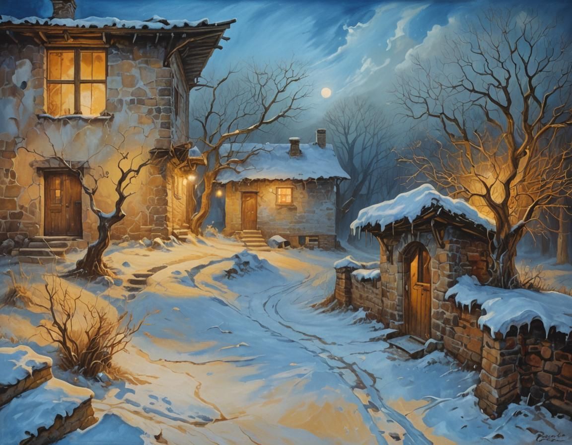 Surreal Winter Landscape with Bulgarian House in Oil Paint S...