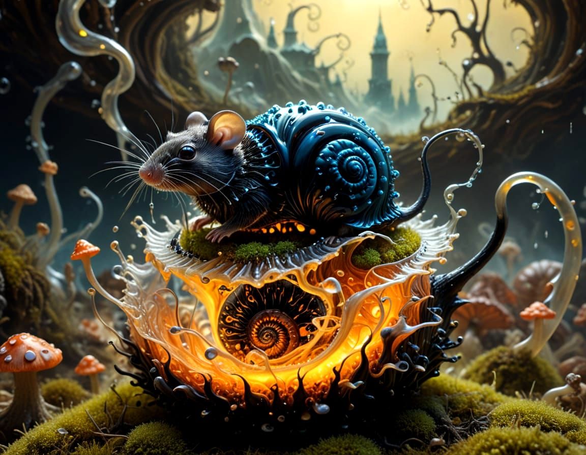 Surreal Mouse Riding Snail in Liquid Landscape of Mushrooms ...