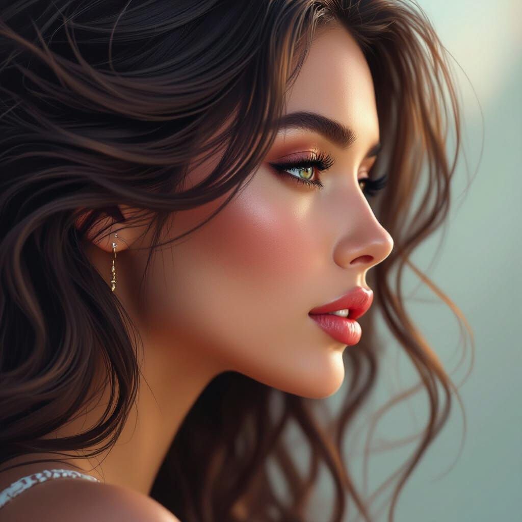 Hyperrealistic Woman Whispering in Fantastical Matte Paintin...