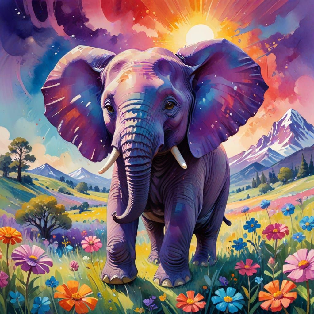 Ethereal Chibi Elephant in Vibrant Candyland Meadow