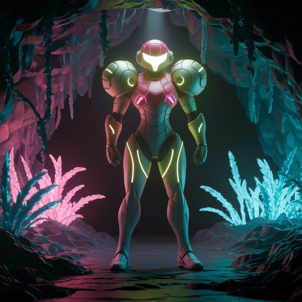 A photorealistic image of Samus Aran in her iconic power suit, standing in a dark cave illuminated by glowing fluorescen...