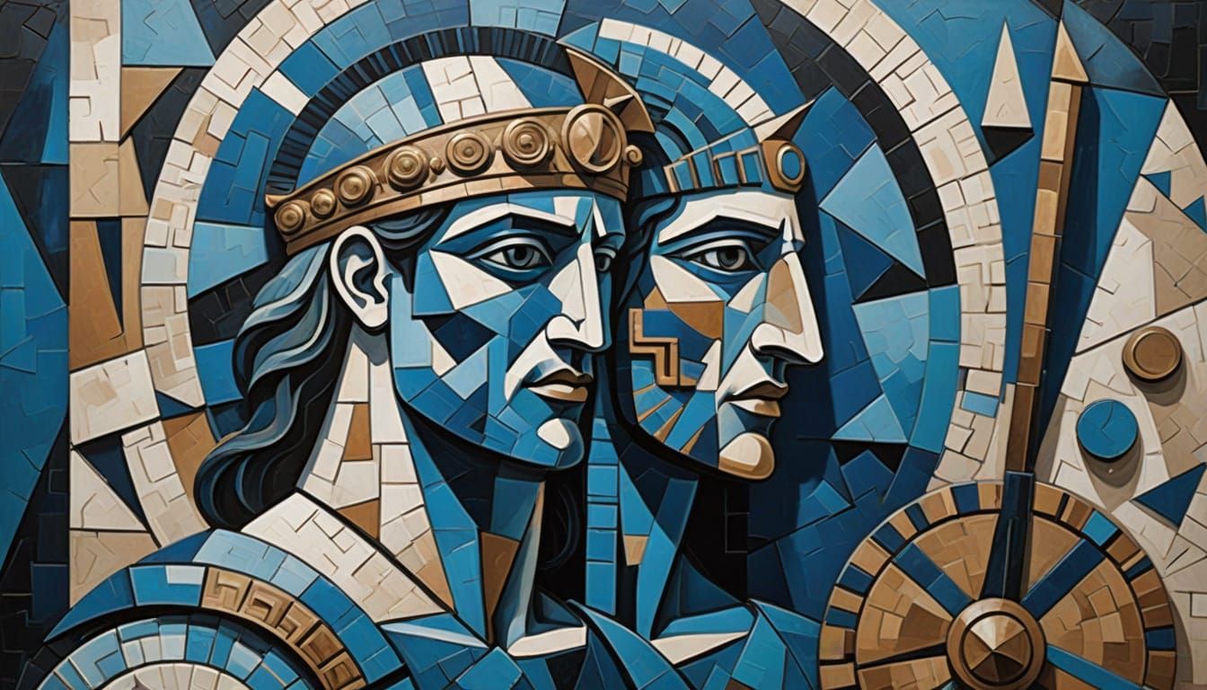 Greek Warrior with Pisces Symbol in Cubist Masterpiece