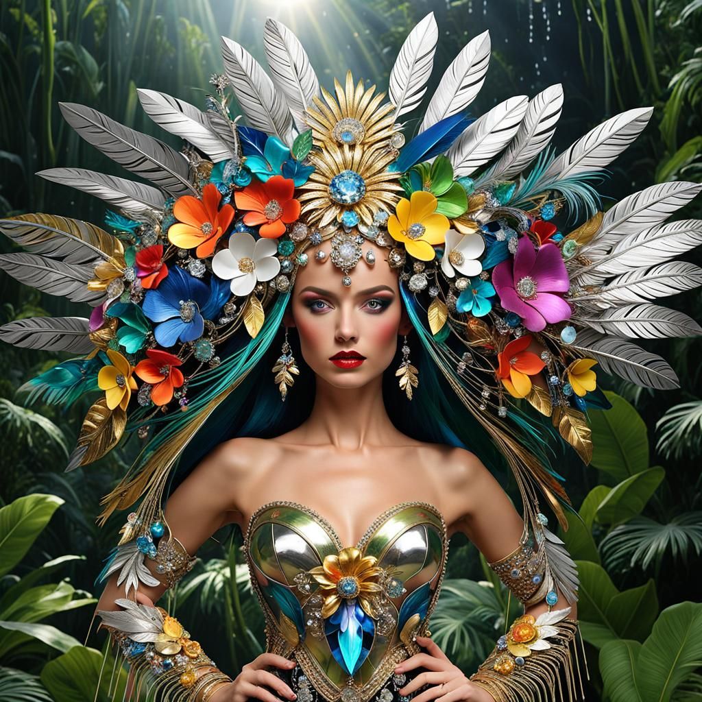 Extravagant Rainbow Headgear with Tropical Elements