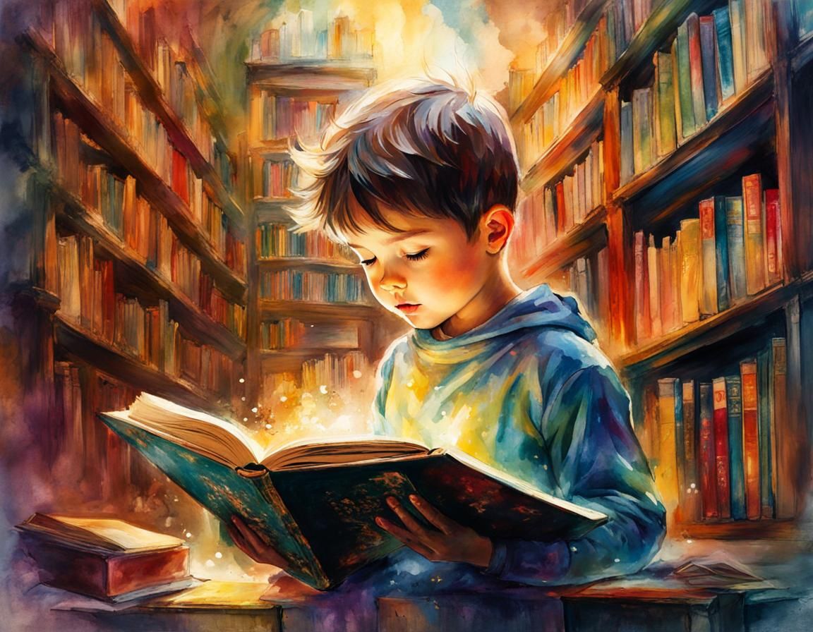 Boy Reading Magic Book in Watercolor Style