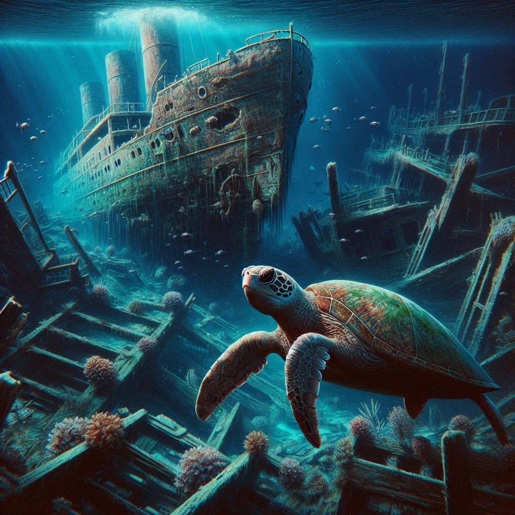 Underwater Turtle Navigates Sunken Ship: Hyperrealistic Scen...