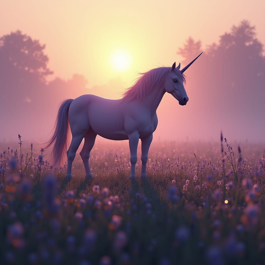 Unicorn Silhouette in Foggy Meadow, Fantasy Art