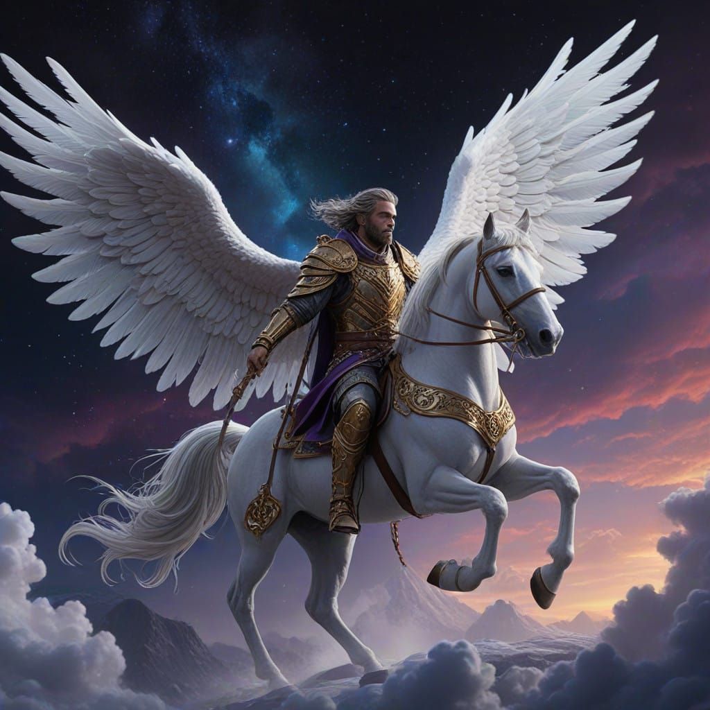 Angel on Pegasus in Vibrant Skies, Gold Armor Shimmering