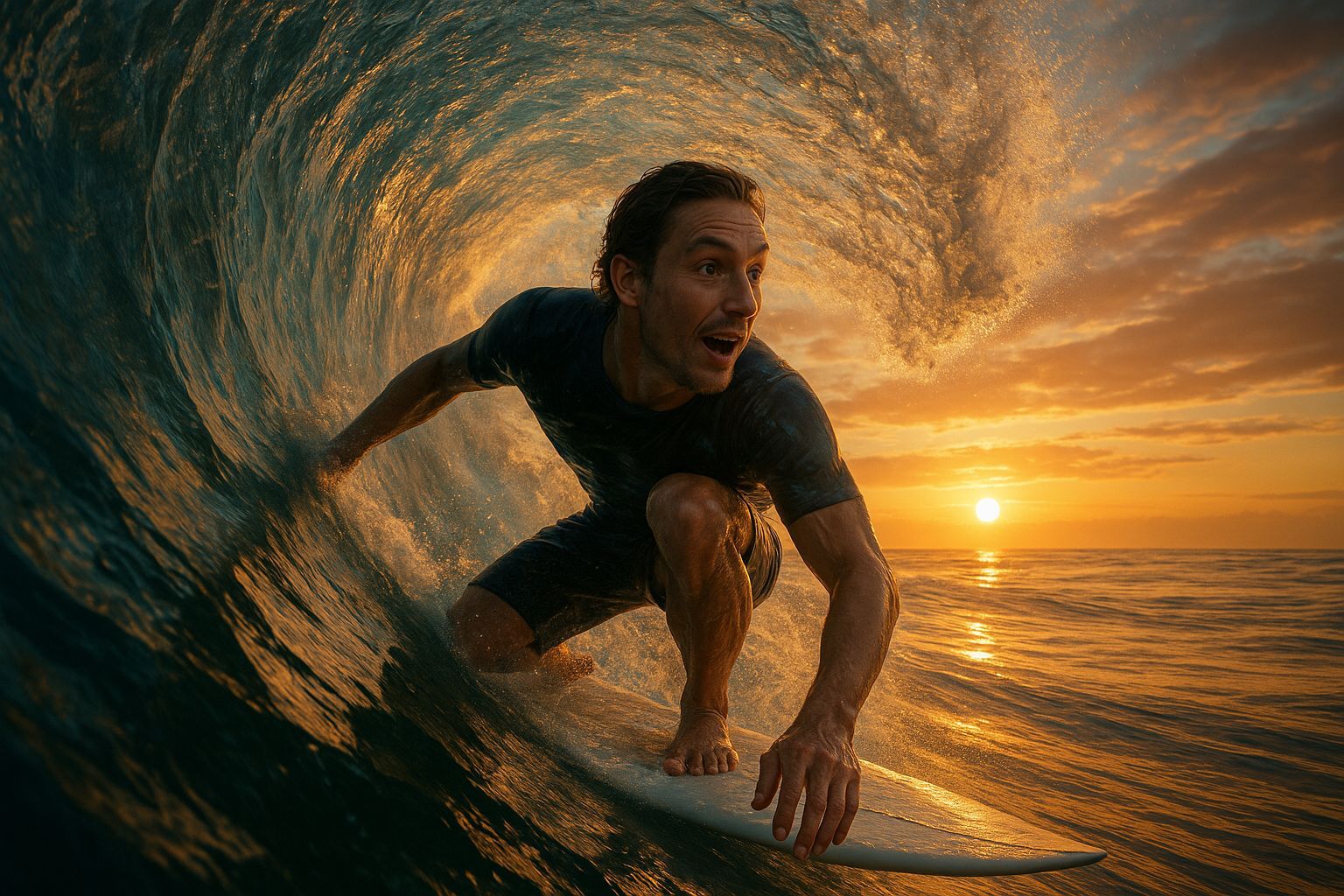 Surfer Riding Tube Wave at Sunset in CGI Style