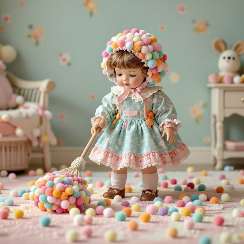 Doll Sweeping Pompoms in Beatrix Potter Style
