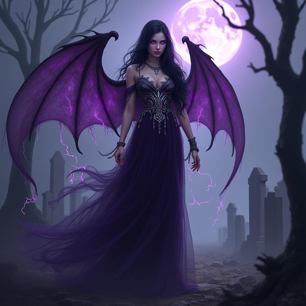 Ethereal Morgana with Glowing Purple Eyes in Mystical Settin...