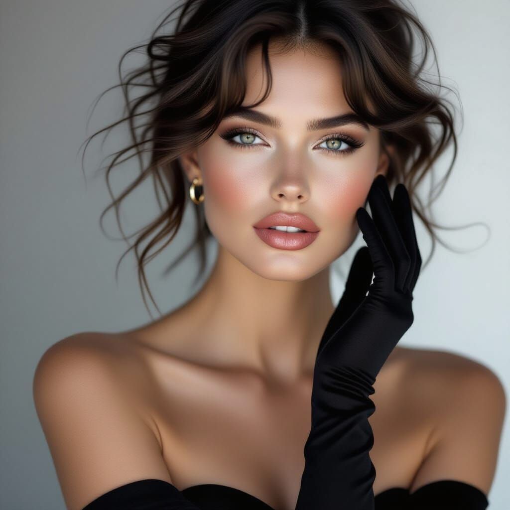 Monochromatic Fashion Portrait with Model in Black Dress and...